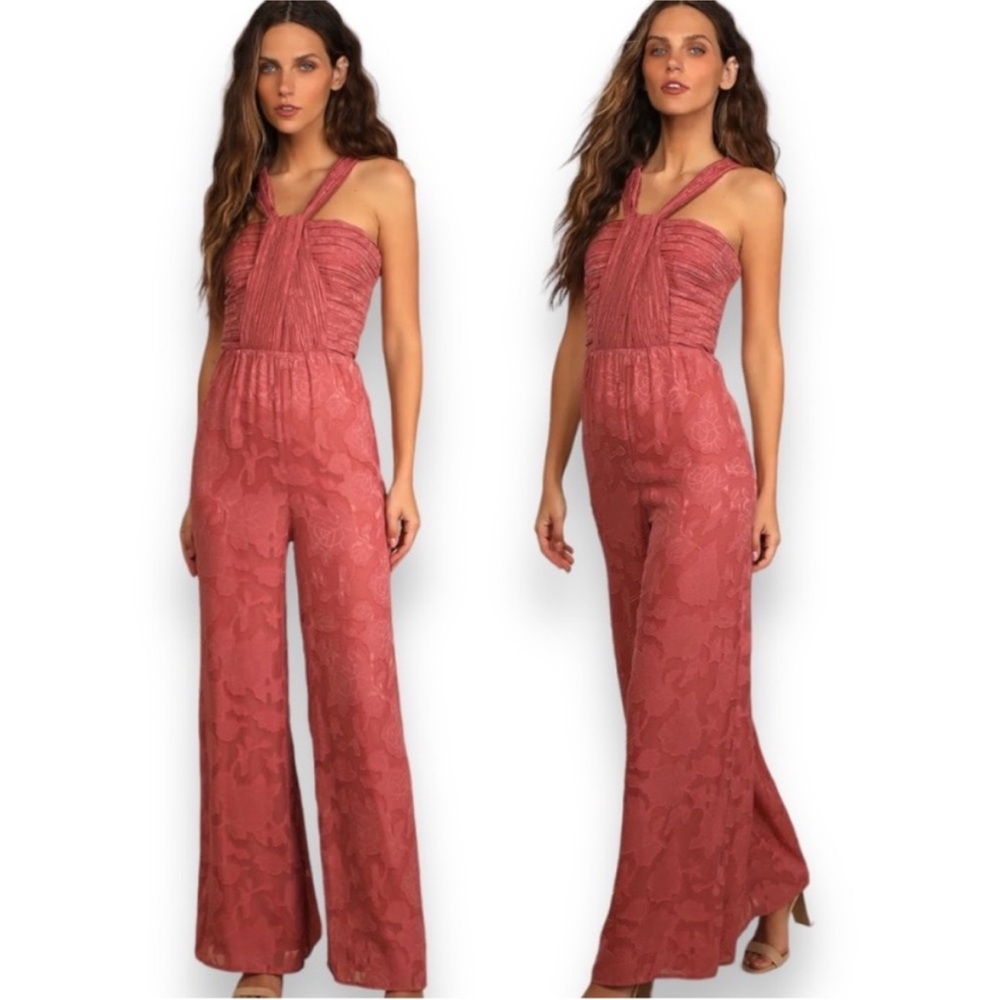 Lulus Lovely Celebration Rose Pink Floral Burnout Chiffon Jumpsuit, XL